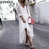 VONDA Summer Sexy White Lace Dress 2022 Women V-Neck Dot Hollow Asymmetrical Hem Dress Bohemian Holiday Vestidos Plus Size S-5XL ► Photo 1/6