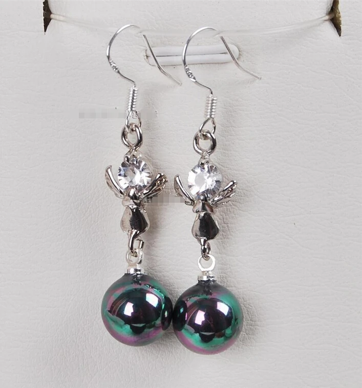

-hot 10mm South Black Sea Shell Pearl Round Beads /Angel Earrings F001