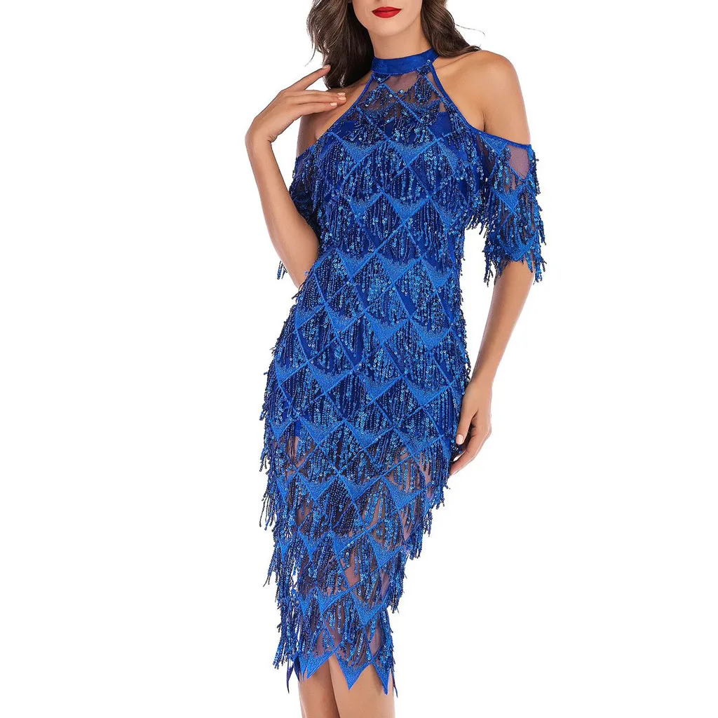 Дамское модное сексуальное тонкое платье с блестками и кисточками, одноцветное платье с пятиточечным рукавом, свободное платье миди - Цвет: Синий