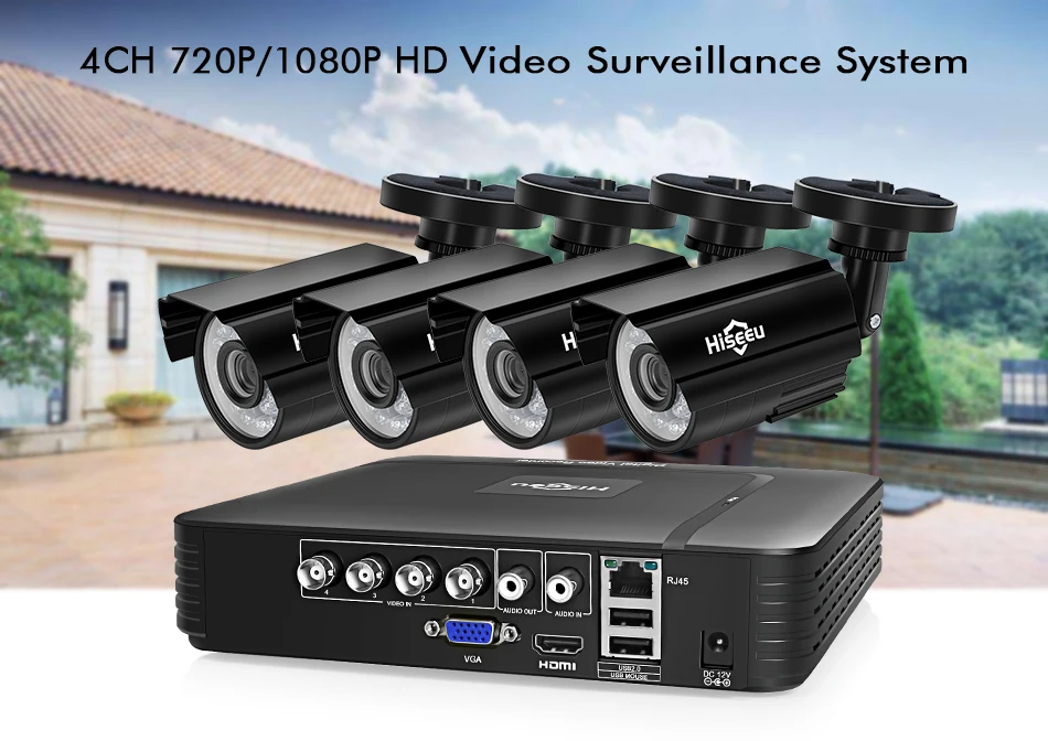 Hiseeu система видеонаблюдения 4CH 720 P/1080 P AHD камера безопасности DVR комплект CCTV Водонепроницаемая наружная домашняя система видеонаблюдения HDD