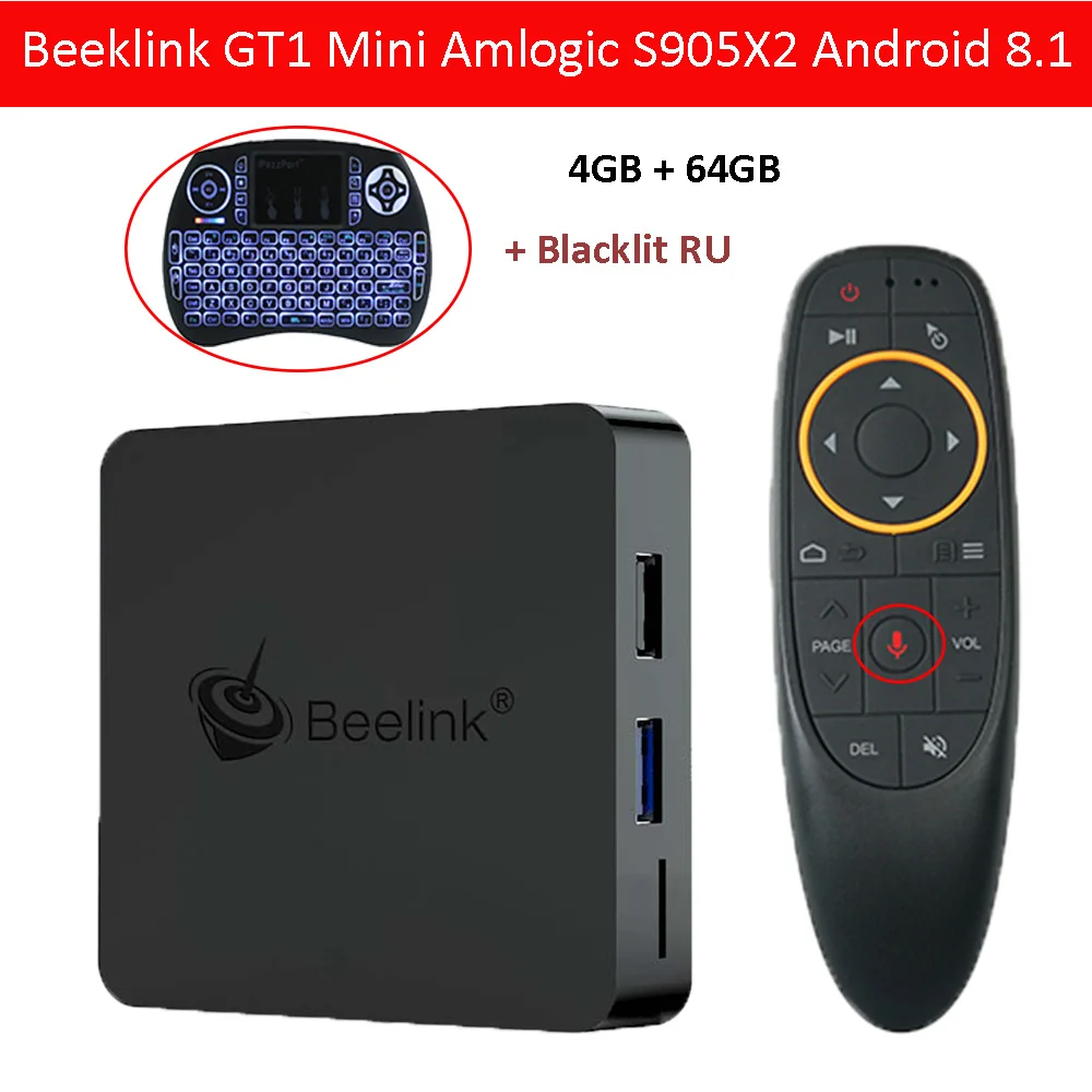 Мини ТВ-приставка Beelink GT1 Amlogic S905X2 Android 8,1 tv Box 4G DDR4 32G BT 4,0 Dual Wifi HDMI 2,0 телеприставка с голосовым управлением - Цвет: 4G 64G Blacklit RU