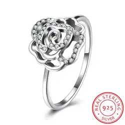 UFOORO Новый выдалбливают ослепительно розы обручальное кольцо стерлингового серебра 925 с четко циркон для Для женщин обручальное кольцо