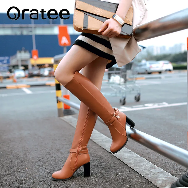 

Knee High Women Boots Round Toe Pu Short Plush Footwear High Heels Female Boots Zip Shoes Women 2018 Black Plus Size 43