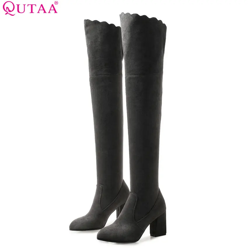 

QUTAA 2019 Winter Shoes Women Over The Knee High Boots Platform Square High Heel Csual Slip on Women Boots Big Size 34-43