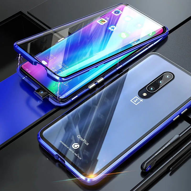 Передний и задний стеклянный Магнитный чехол для Oneplus 7 Pro, чехол s 360, прозрачный жесткий чехол One Plus 7 Pro, чехол, чехлы - Цвет: -Blue-