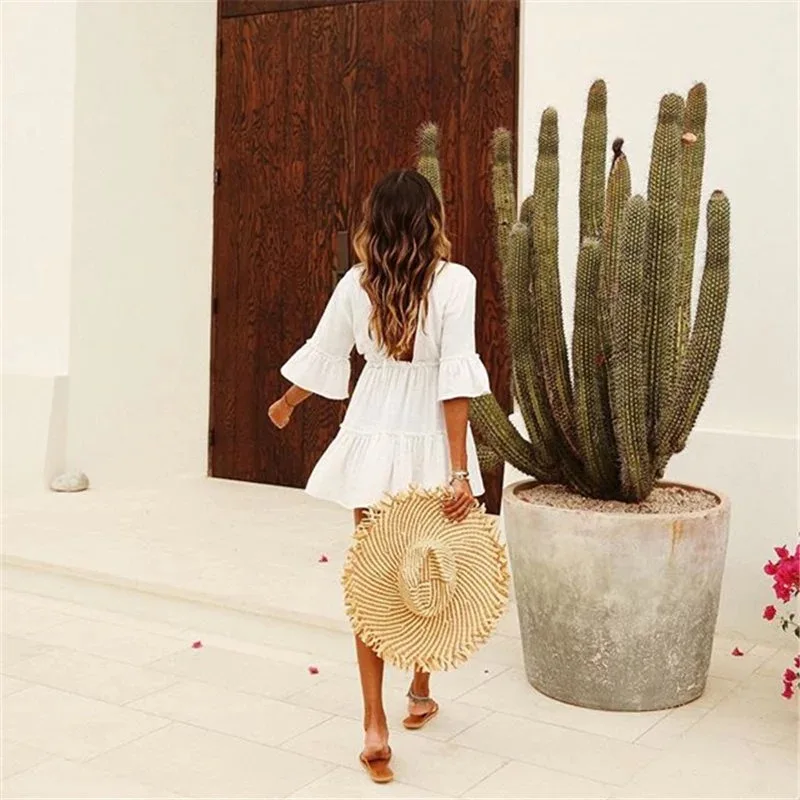 White Cotton Deep V Neck Beach Cover Up Sarong Beach Dress Tunic Bikini Kaftan Swimsuit Cover Up image 5