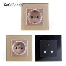 ЕС Франции Великобритании сокет с украшением в виде кристаллов Стекло переключатель 2 Pin штепсельная вилка розетка закаленное с украшением в виде кристаллов Стекло Панель 110-250V 50/60Hz