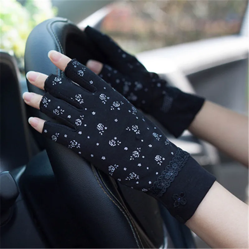 Летние перчатки для защиты от солнца, женские перчатки с полупальцами и защитой от ультрафиолета, тонкие солнцезащитные женские варежки TB45 - Цвет: rose black