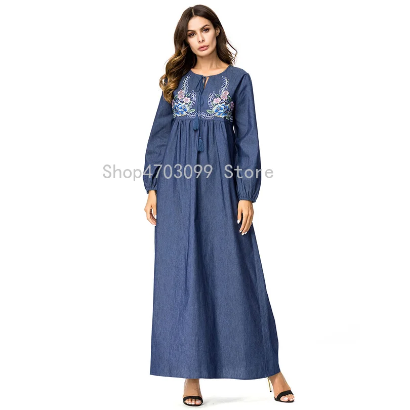 

Autumn Winter Floral Embroidery Denim Dress Women Vintage Lace Up Ethnic Muslim Abaya Plus Size Arabic Dubai robes
