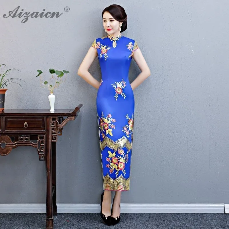 Модный синий женский Ципао с коротким рукавом современный тонкий длинный Qi Pao женское китайское традиционное платье Qipao Восточный стиль