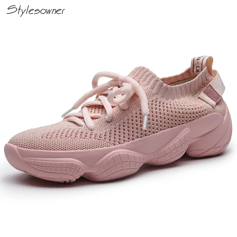 

Stylesowner Women New 2018 Elastic Woolen Knitting Sneakers Lace-Up Chic Ulzzang Breathable Sneakers Women Casual Sock FlatShoes