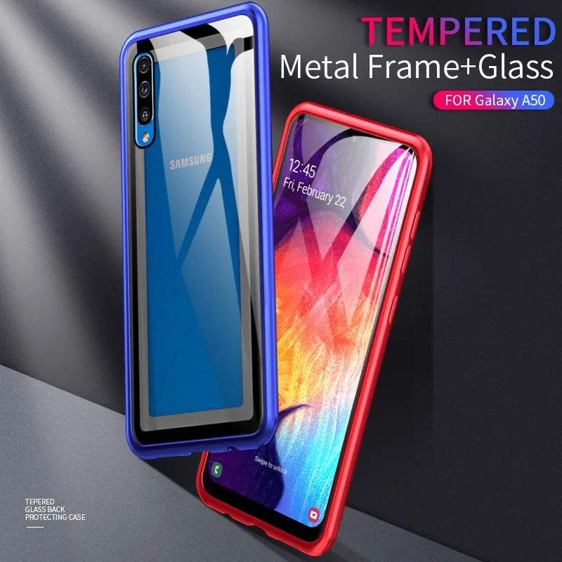 

Luxury Aluminum Metal Bumper Phone Case For Samsung Galaxy A50 A40 A30 A10 Case Shockproof Metal Frame Tempered Glass Back Cover