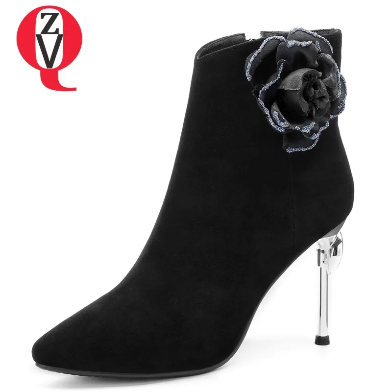 

ZVQ 2018 new fashion sexy pointed toe kid suede women shoes super high thin heels platform zipper flower winter warm ankle boots