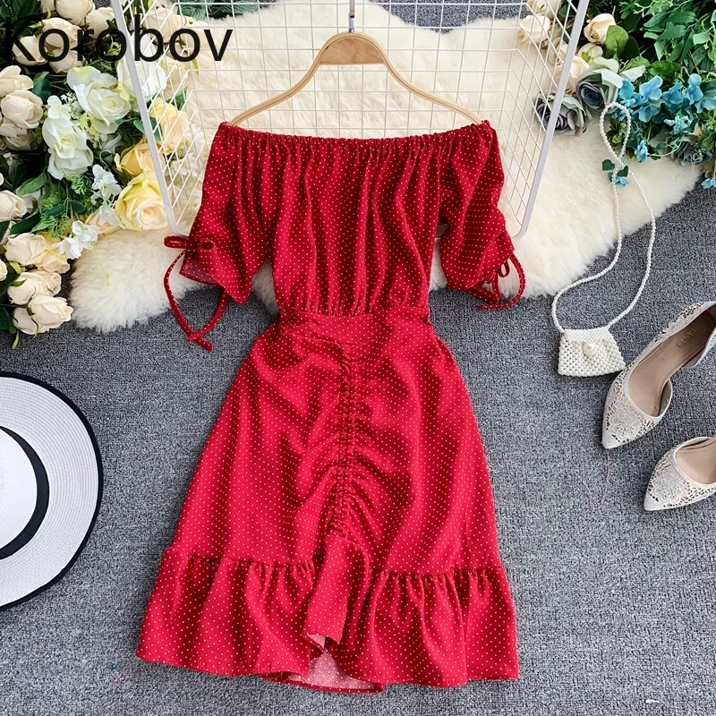 

Korobov Vintage Polka Dot High Waist Dress Summer New Drawstring Trumpet Dresses Sexy Slash Neck Party Night Vestidos 78403