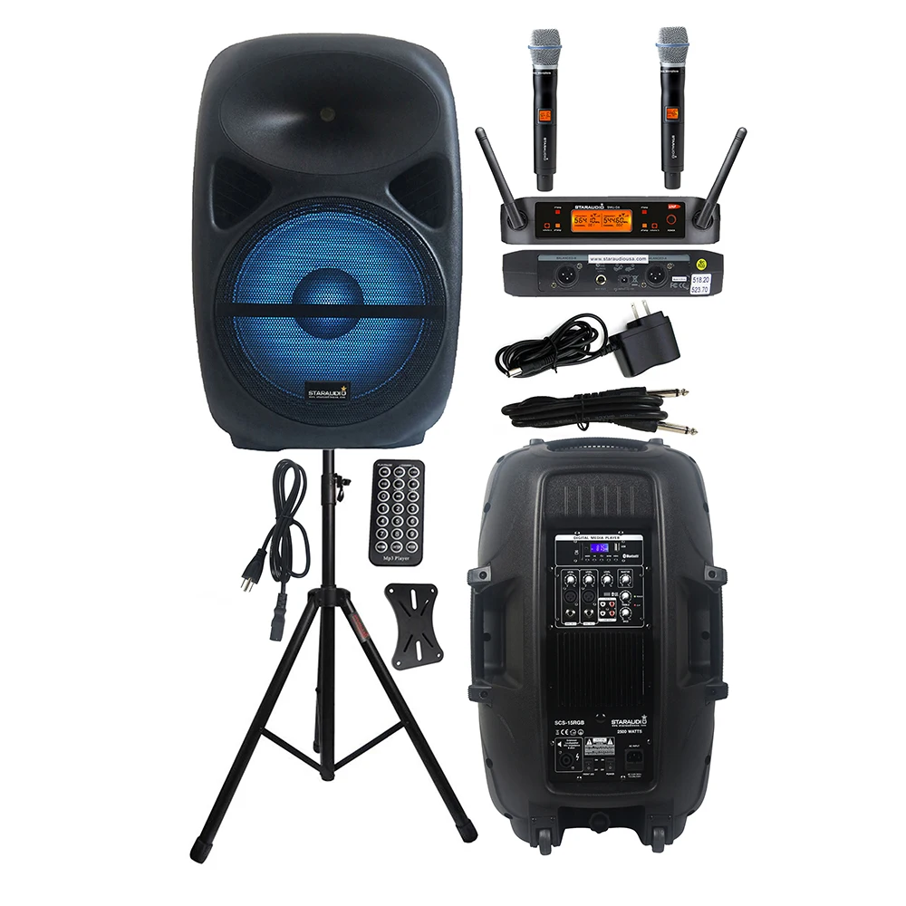 

STARAUDIO 15" PA 2500W Stage Powered DJ Light Speaker Active Audio Speaker Stand 2CH Wireless UHF Church Handheld Mic SCS-15RGB