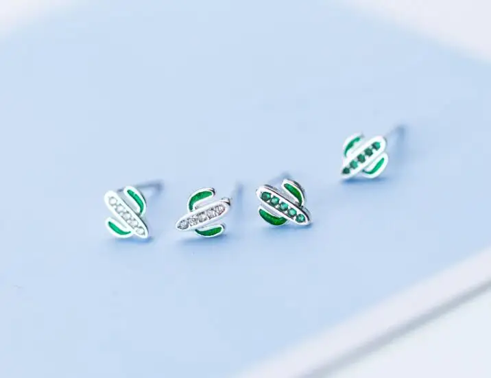 Серьги гвоздики в форме кактуса TINNY из серебра 925 пробы с зеленым цирконием AAA +