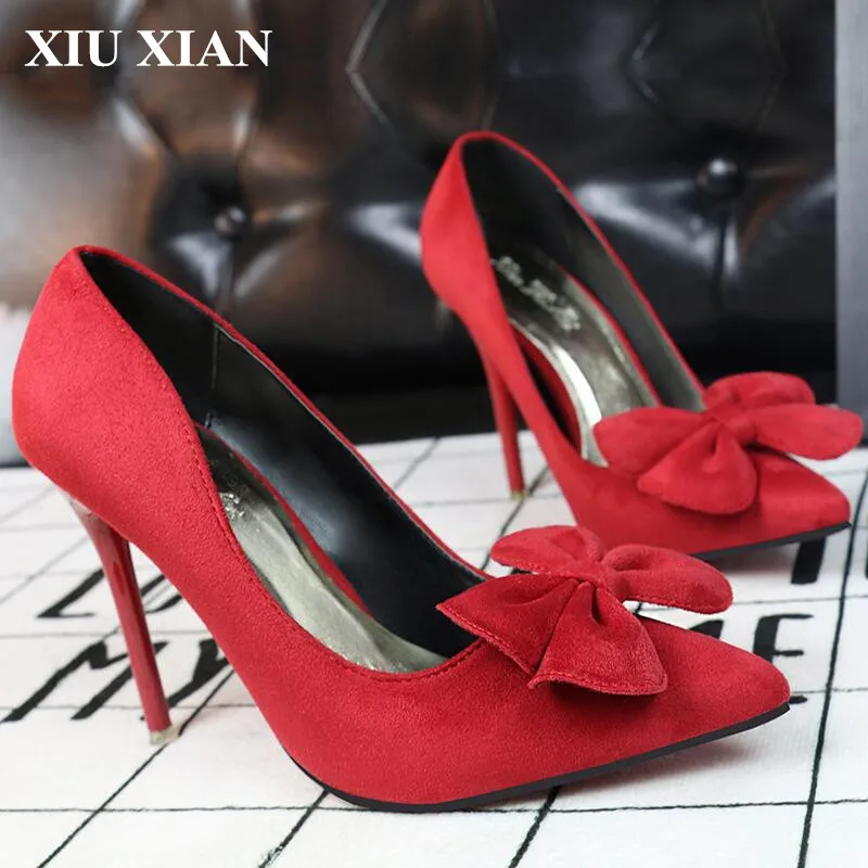 

European Casual High Heel Women Fashion Shoes Suede Pointed Thin Heel Women Pumps Platform Bow Lady High Heel Pumps Shoes Black