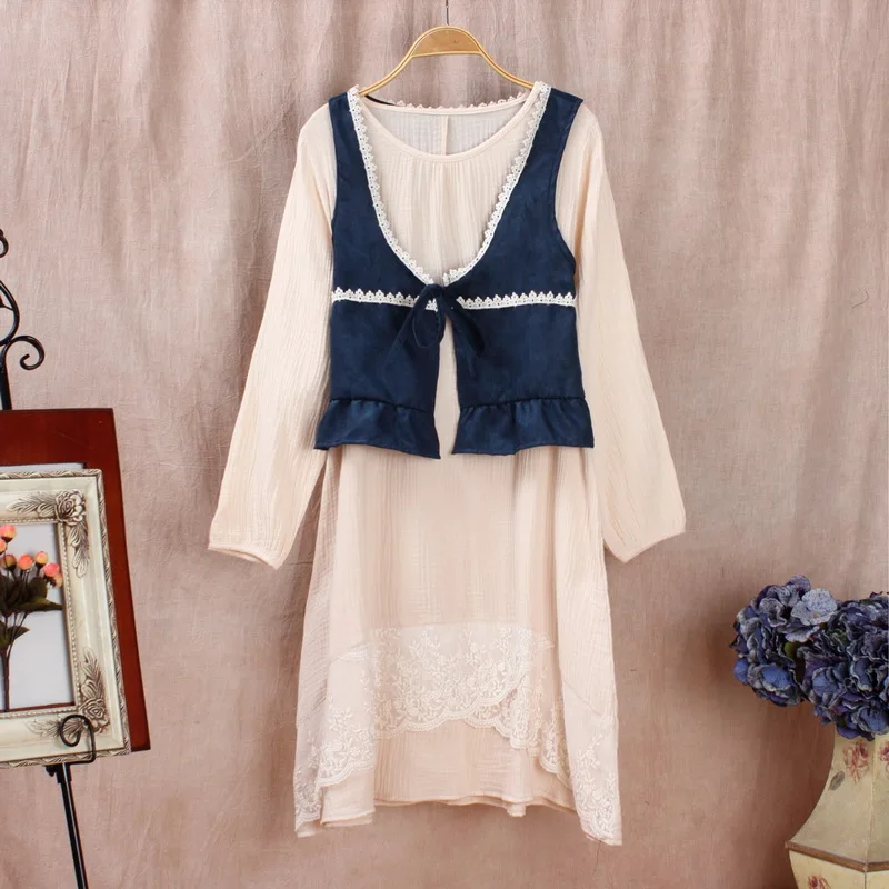 Lolita Mori Girl Fake Two Pieces Autumn Dress Long Sleeve Knee Length Women Vest Robe Femme Vestido Falda Round Collar Y03520 | Женская