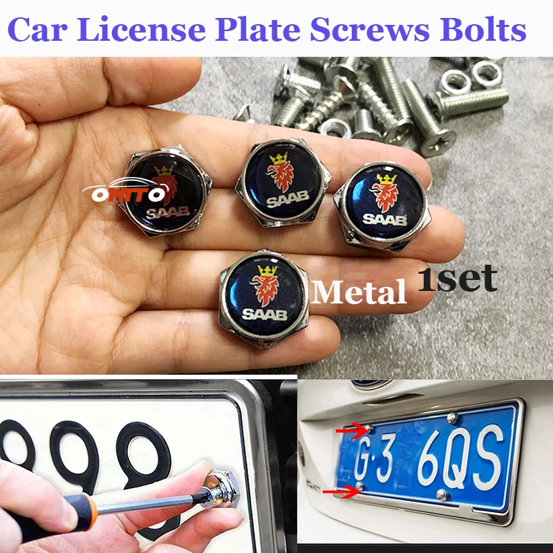 

For SAAB 9-3 9-5 93 95 BJ SCS Logo Metal Car License Plate Holder Screws Bolts Badge Emblem Caps 1set Car-styling Accessories