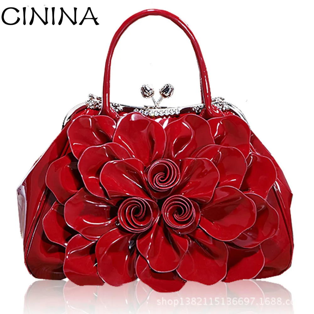

2017 Fashion Bride Flower handbag High grade Patent leather Women Handbag Wedding Party bag Lady Party Dress Accessories