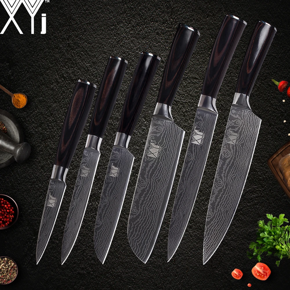 Baratos XYj 7cr17 Acero inoxidable cuchillo Santoku utilidad fruta cuchillo de cocina Damascus venas hoja Color madera mango del cuchillo