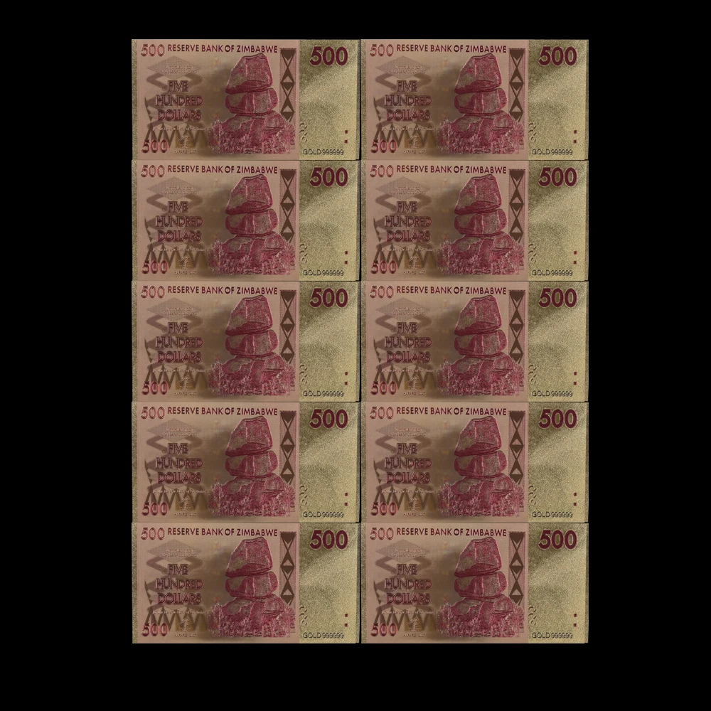 10 шт цветов валюта в Zimbabwe вийском стиле 500 долларов с 1 сертификатом 24k золотые