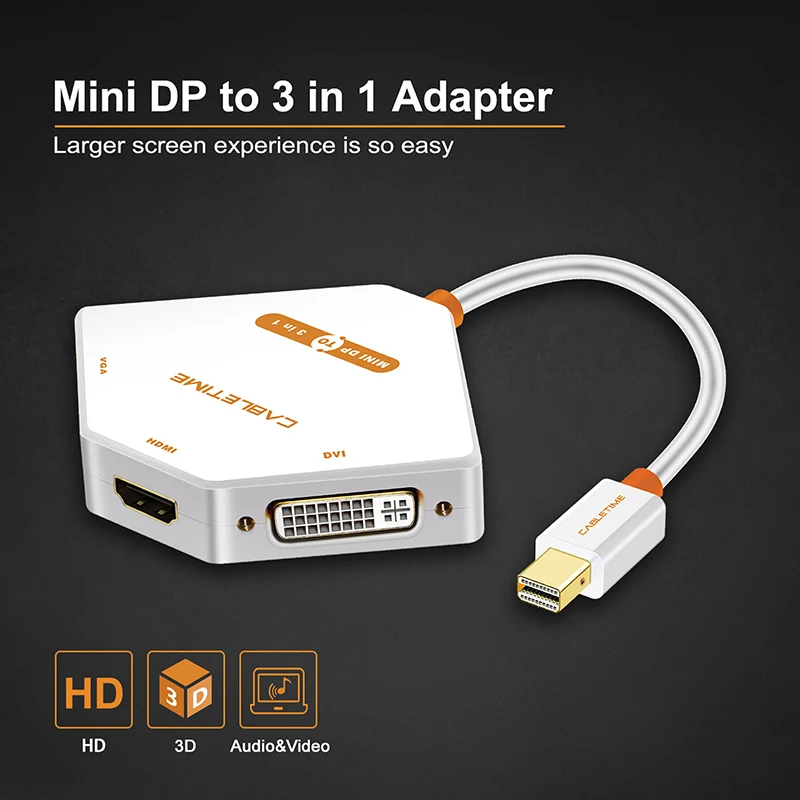 Cabletime 3 в 1 Thunderbolt MINI DisplayPort к HDMI + DVI VGA адаптеру для четкости монитора проектора LCD