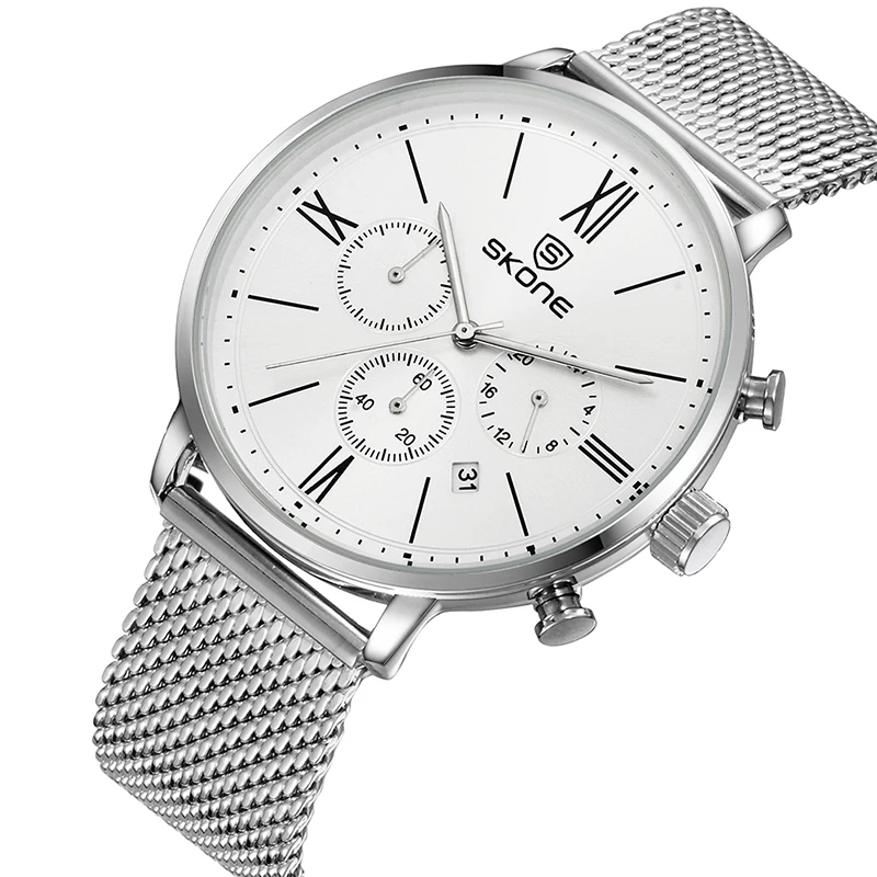 

SKONE Fashion Chronograph Watch Men Quartz Clock Mesh Strap 3 Sub-dial 6 Hands Date Multifunction Mens Watches Top Brand Luxury