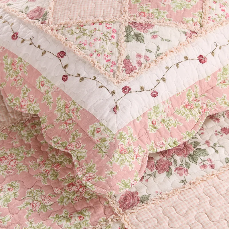 - CHAUSUB Pink Quality Patchwork Quilt Set 3pcs Pastoral Cotton Quilts Quilted Bedspread Sheets Pillowcase Coverlet King Size