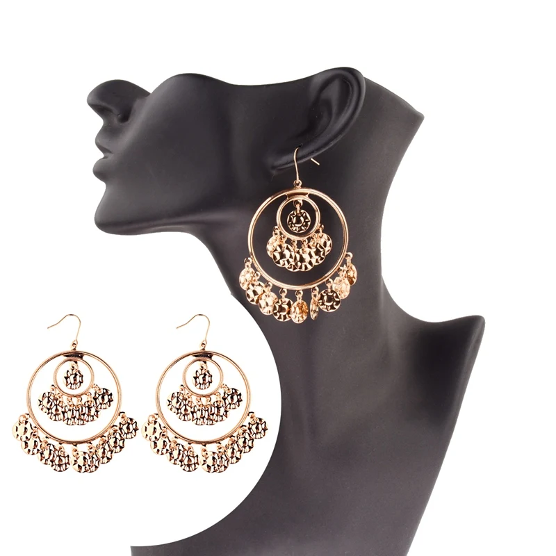 TopHanqi богемные золотые индийские серьги jhumkas, очаровательные модные ювелирные изделия, большие круглые металлические серьги-подвески с блестками для женщин