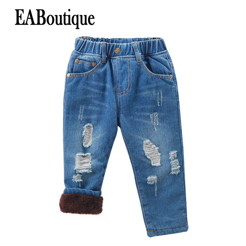 EABoutique/модные повседневные рваные джинсы для мальчиков; Зимние флисовые теплые плотные джинсы для девочек; унисекс