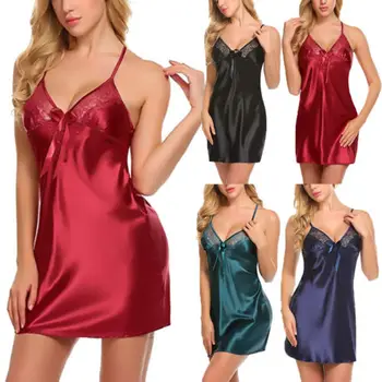 

Sexy Lingerie Women Silk Lace Robe Dress Babydoll Nightdress Nightgown Sleepwear Ladies Sleepwear Solid Lace Nightgowns