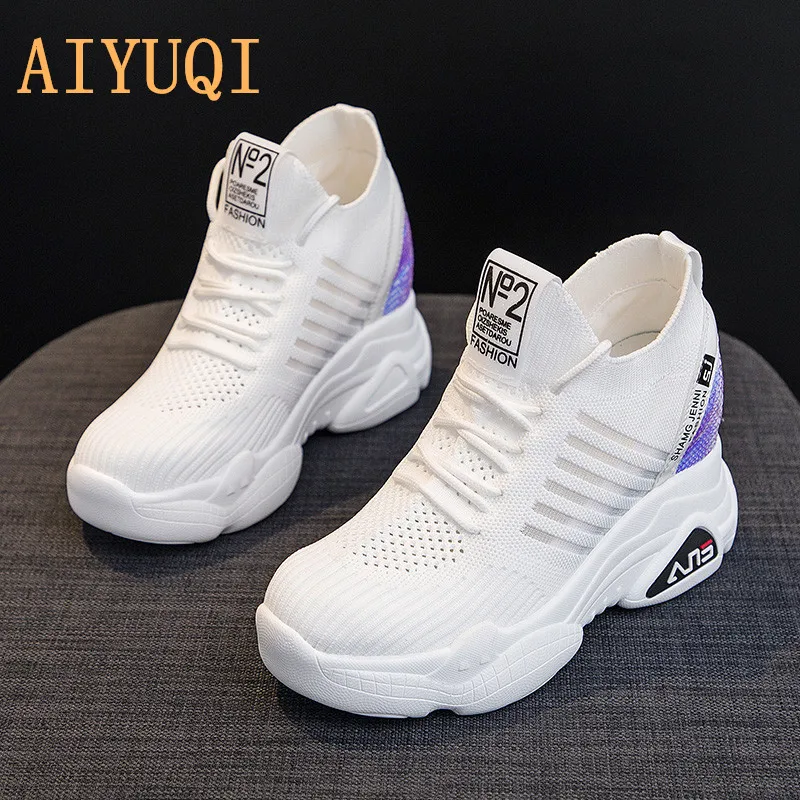 

AIYUQI Women sneakers platform 2019 new summer flying woven casual lace-up white shoes women height Increasing