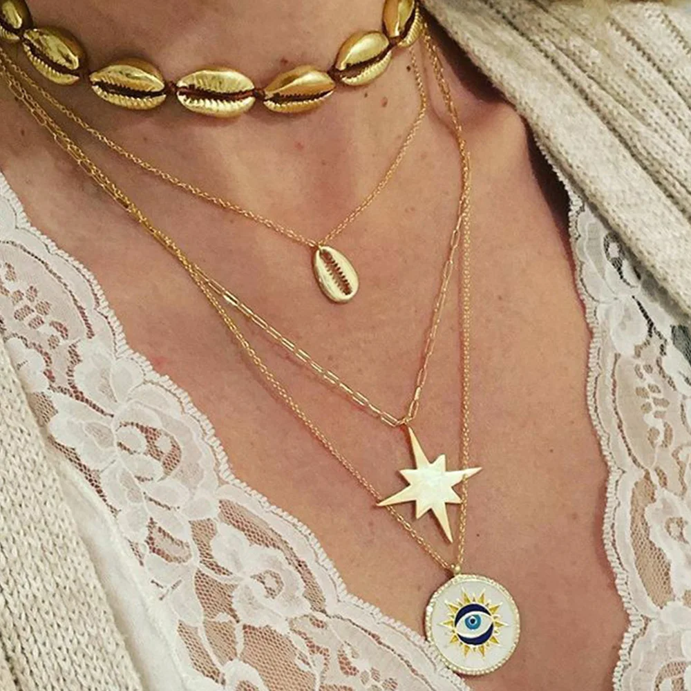 Женский Классический золотой кулон в виде звезды, Луны, глаз, многослойное на ключицы, цепочка в богемном стиле, очаровательные ювелирные аксессуары, подарок на день матери