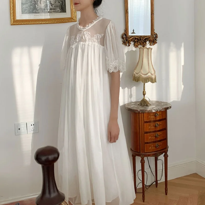 

Top Quality Women's Nightgowns White Lace Gauze Long Sleepwear Elegant Female Vintage Princess Night Dress