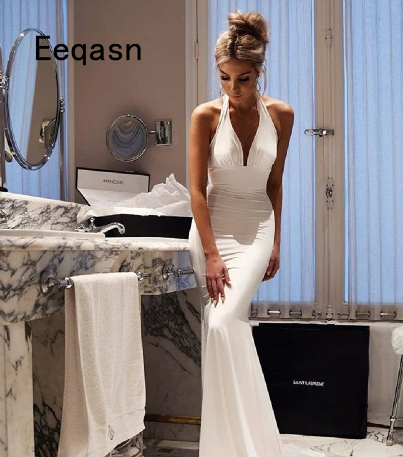 

Simple White Wedding Dresses Sexy V-neck Backless Bridal Gowns Long Ivory Soft Satin Wedding Gown Robe De Mariee 2019