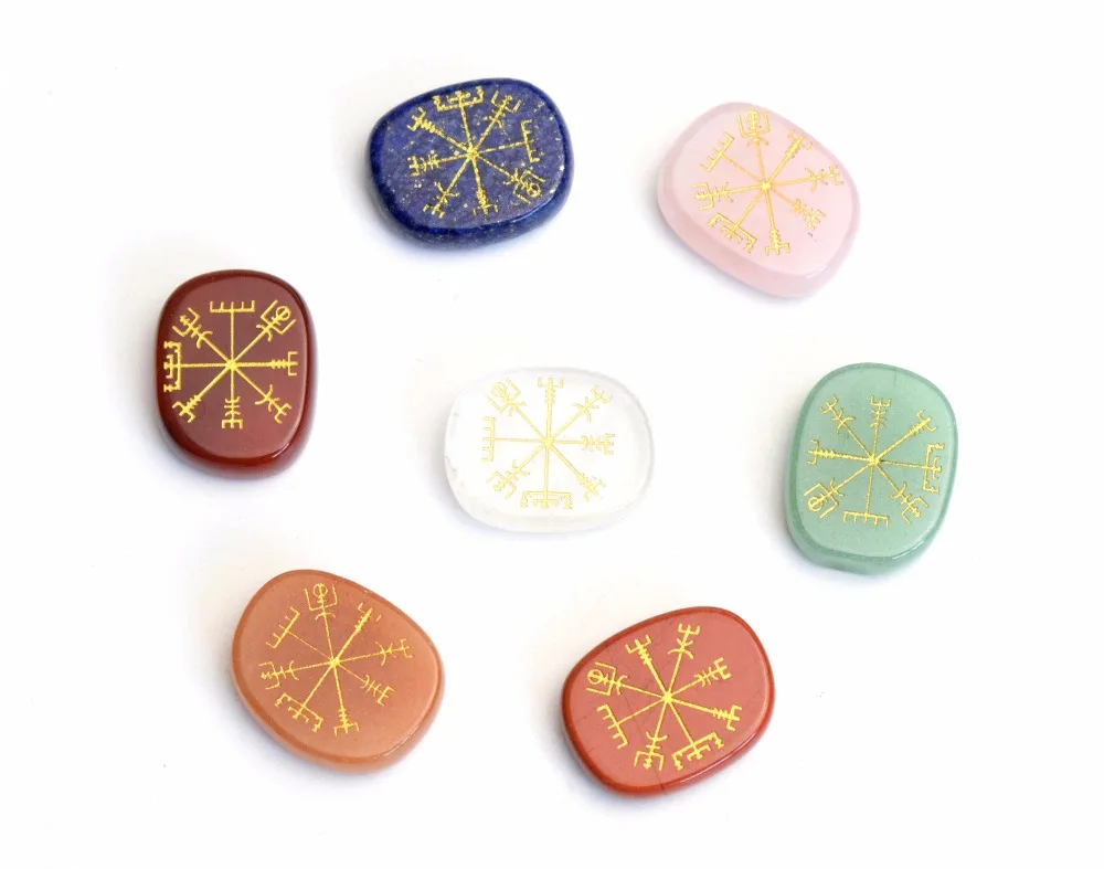 

Set of 7 Chakra Stones Carved Crystal Reiki Healing Oval Palm Stones Engraved Viking Rune Vegvisir Talsman Symbols with a Pouch