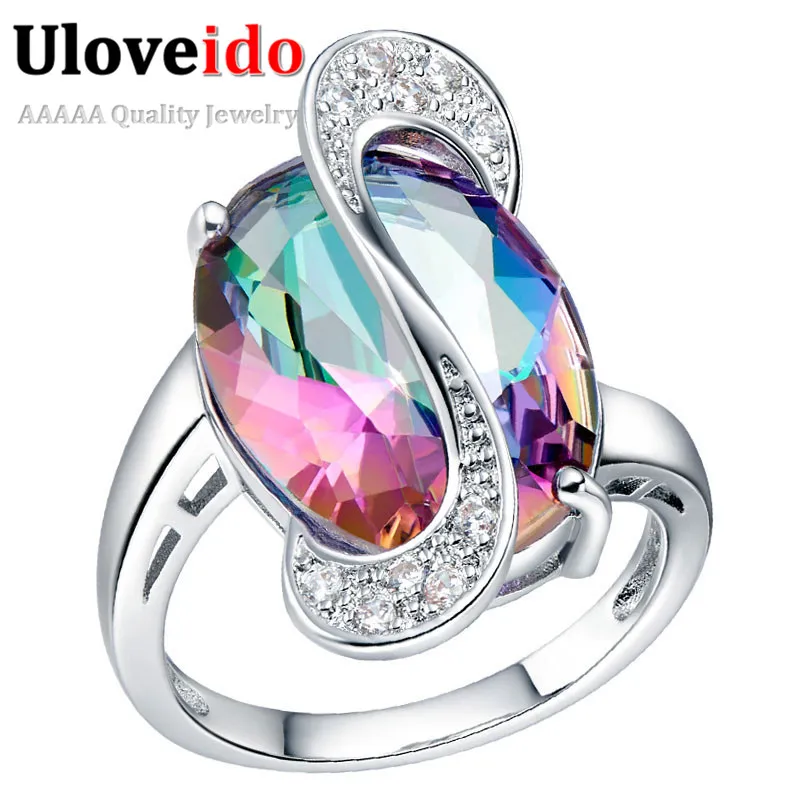 Uloveido Rainbow Silver Color Costume Jewelry Rings for Women Crystal