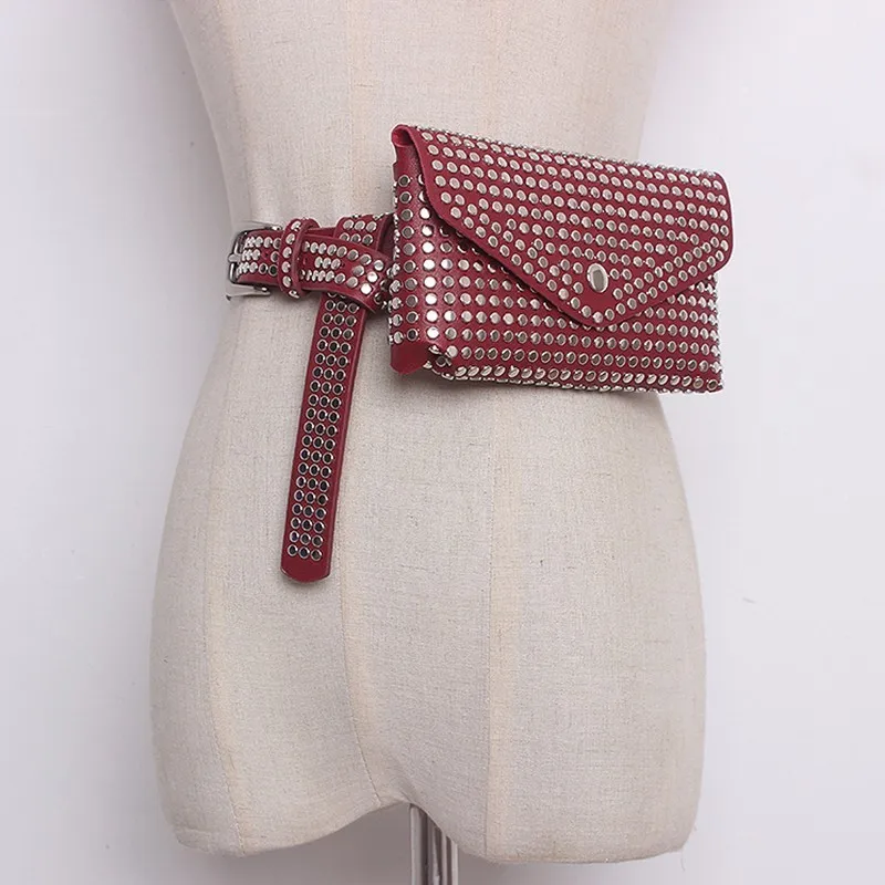 Red Belt TWOTWINSTYLE заклепки ремень с сумкой из искусственной кожи Лоскутная Съемная большая сумка длинные ремни лето осень модные женские аксессуары - Цвет: Red Belt