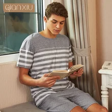 Летний Повседневный пижамный комплект в полоску из двух предметов, хлопковый пижамный комплект, мужская рубашка с круглым вырезом и коротким рукавом и шорты