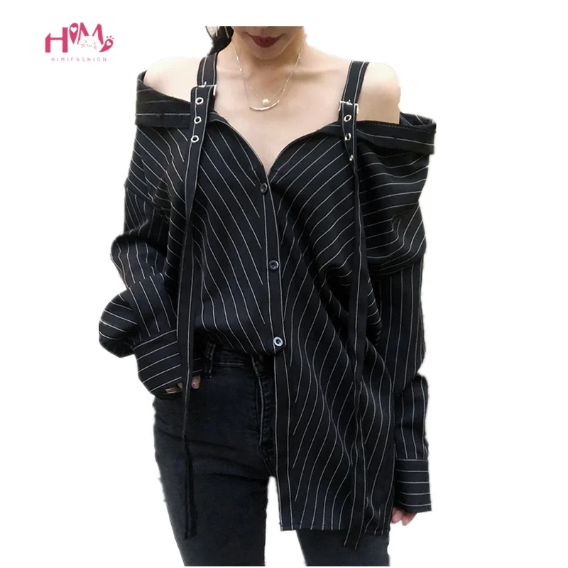

Harajuku Punk Gothic Off Shoulder Blouse Tops 2020 Women Korean Fashion Sexy Strapless Long Sleeve Vinatge Striped Kpop Shirts