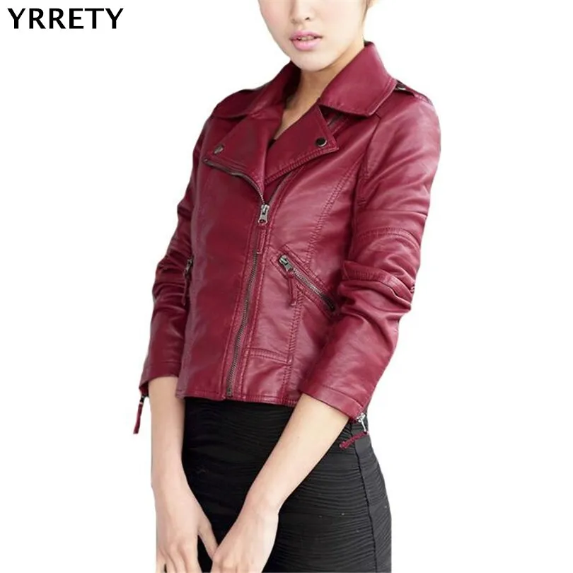 YRRETY Pu Leather Jacket Women Fashion Bright Colors Black Motorcycle
