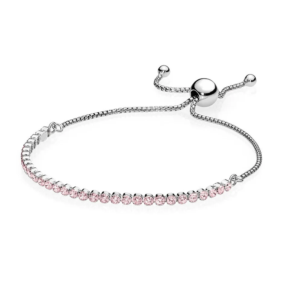 

On Sale 925 Silver Bracelet Pink Tennis Sparkling Strand Adjust Bracelet Bangle For Women fit Lady Bead Charm DIY Jewelry