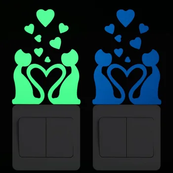 

Tail Linked Together Romantic Cat Lover Switch Sticker Glow in the Dark Love Hearts Wall Sticker DIY Home Decor Luminous Decals
