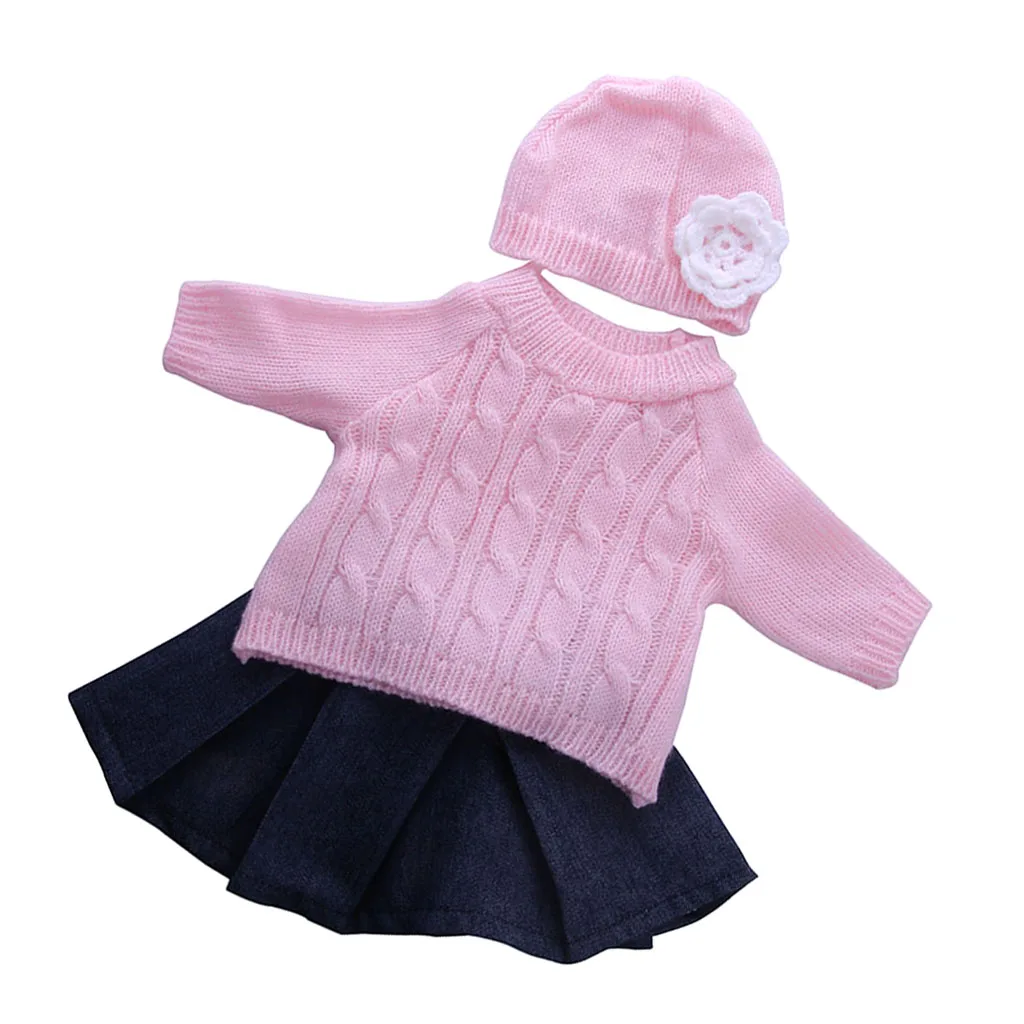  Fashion 3 pieces a set doll clothes Sweater Top Hat Pleated Jeans Skirt for Doll Girl 18'' Doll Clothes