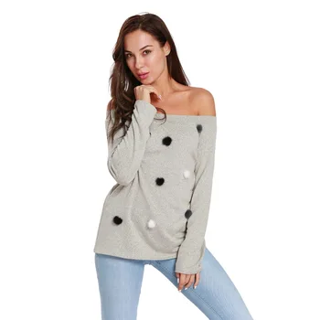 

New Casual Pullovers Sweater Small Wool Ball Decoration Slash Neck Solid Long-sleeve Sweater Autumn Winter