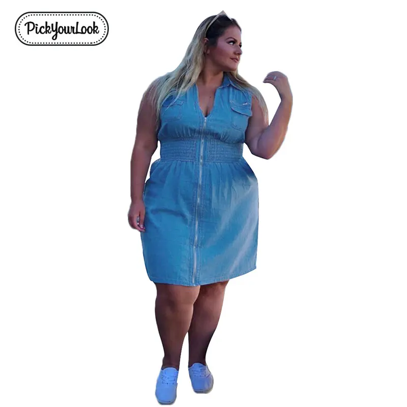 

Pickyourlook Plus Size Dress Women Sleeveless Summer Denim Blue Female Mini Dresses Lady Large Pocket Zipper Robe Femme Vestidos