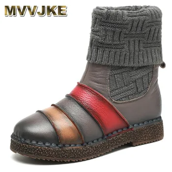 

MVVJKE 2018 new Folk high quality Handmade Genuine leather flat mid-calf boots women winter spring knitting wool fashion boots