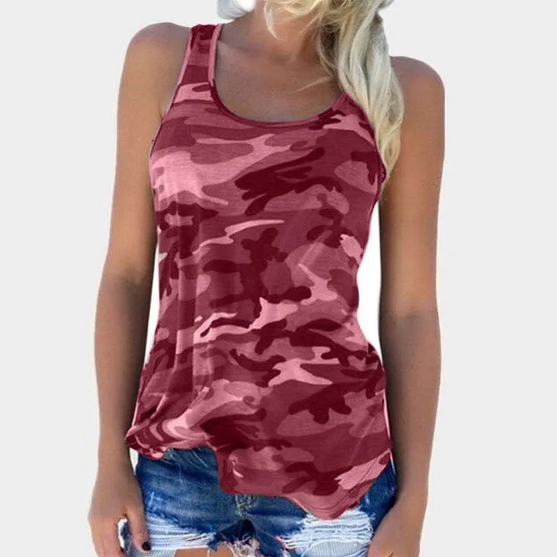 ELSVIOS, плюс размер, сексуальная камуфляжная рубашка без рукавов, женские повседневные топы с круглым вырезом и открытой спиной, женские тонкие летние рубашки, пляжная одежда, 5XL - Цвет: wine red
