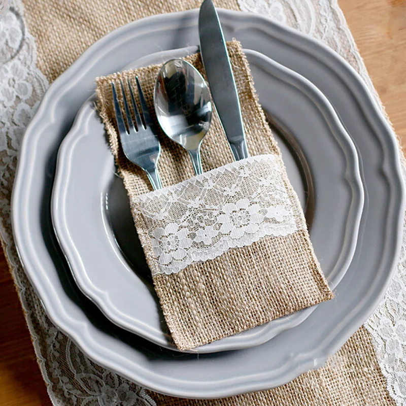 

3 Pcs/set New Linen Table Rectangle Lace Dinning Coffee Placemat Knife Fork Storage Bag Home Tableware Party Decoration